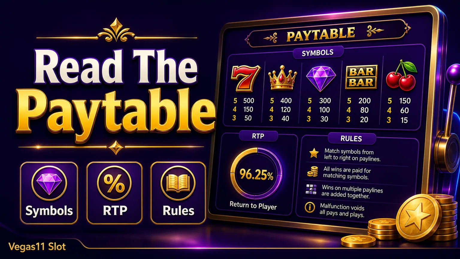 Slot paytable guide showing symbols RTP and game rules