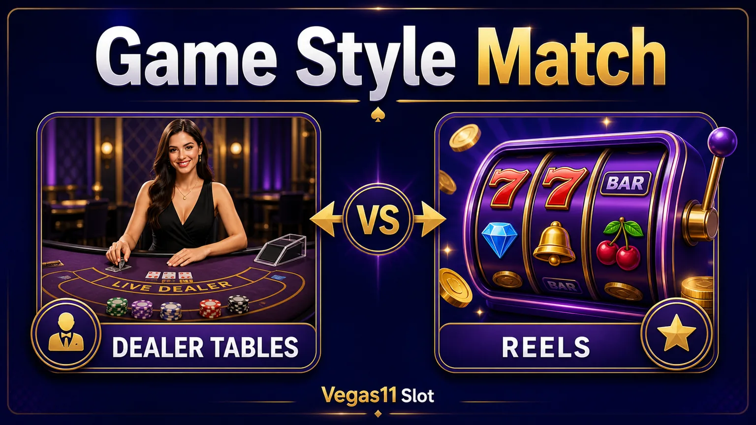 Game style match showing dealer tables versus slot reels