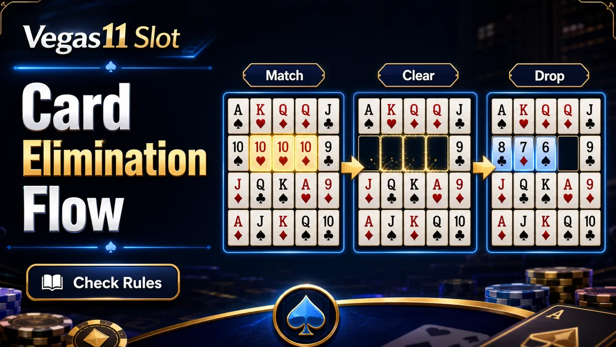 Super Ace card elimination flow showing match, clear, drop and check rules steps