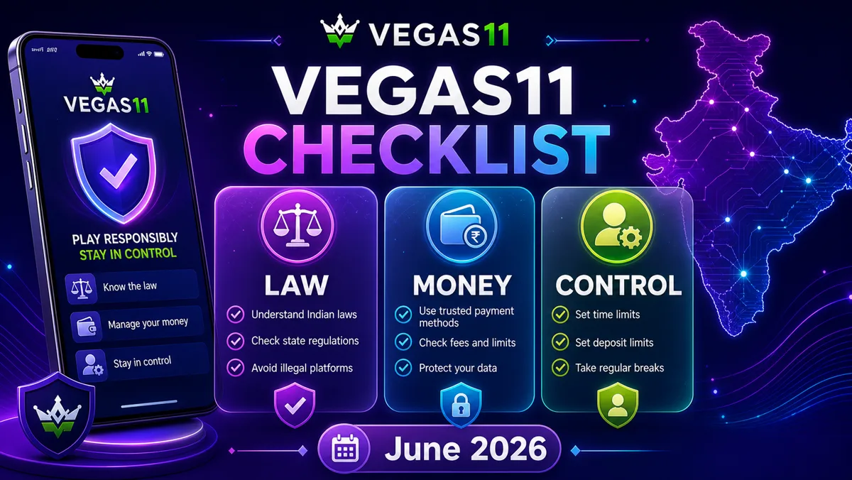 Vegas11 generated checklist illustration with integrated text Law Money Control for India online casino legality checks