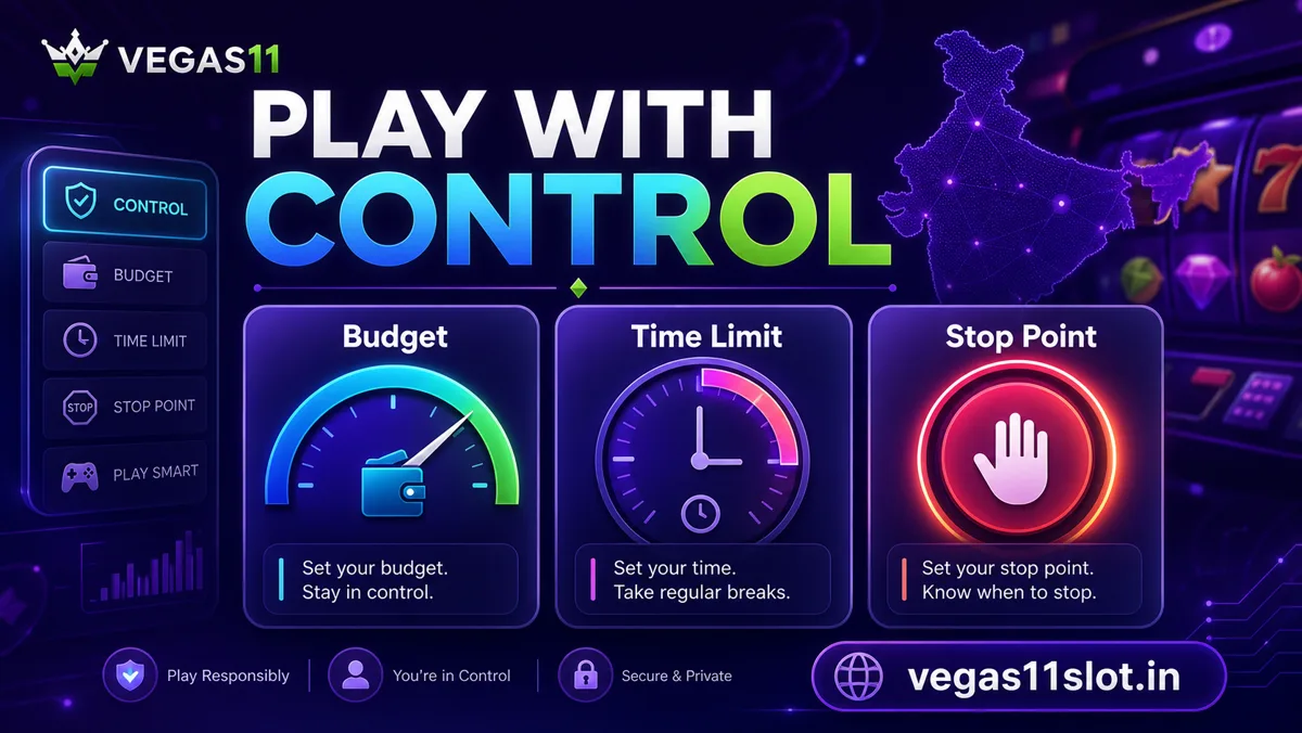 Vegas11 generated responsible play illustration with integrated text Play With Control Budget Time Limit Stop Point