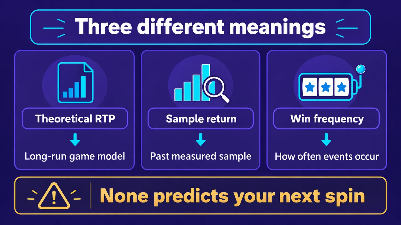 Three different meanings: Theoretical RTP → Long-run game model; Sample return → Past measured sample; Win frequency → How often events occur; None predicts your next spin