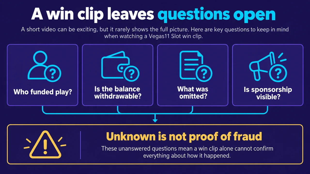 A win clip leaves questions open: Who funded play?; Is the balance withdrawable?; What was omitted?; Is sponsorship visible?; Unknown is not proof of fraud