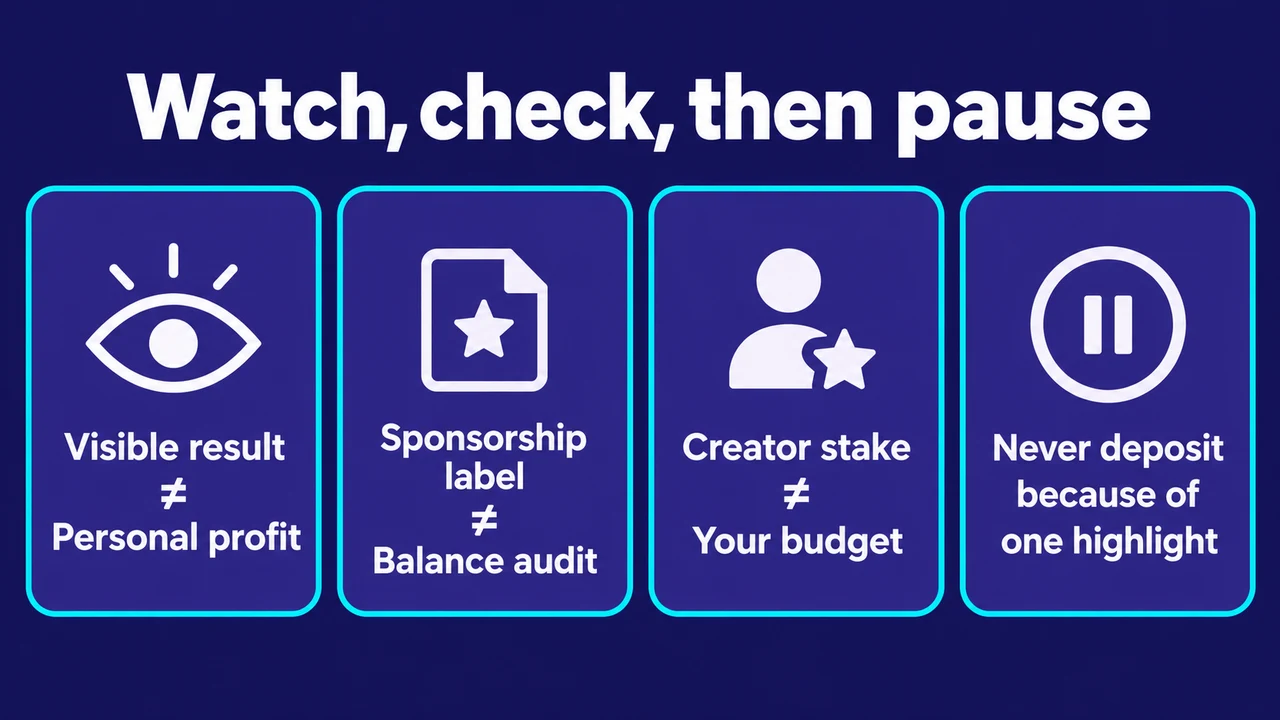 Watch, check, then pause: Visible result ≠ Personal profit; Sponsorship label ≠ Balance audit; Creator stake ≠ Your budget; Never deposit because of one highlight