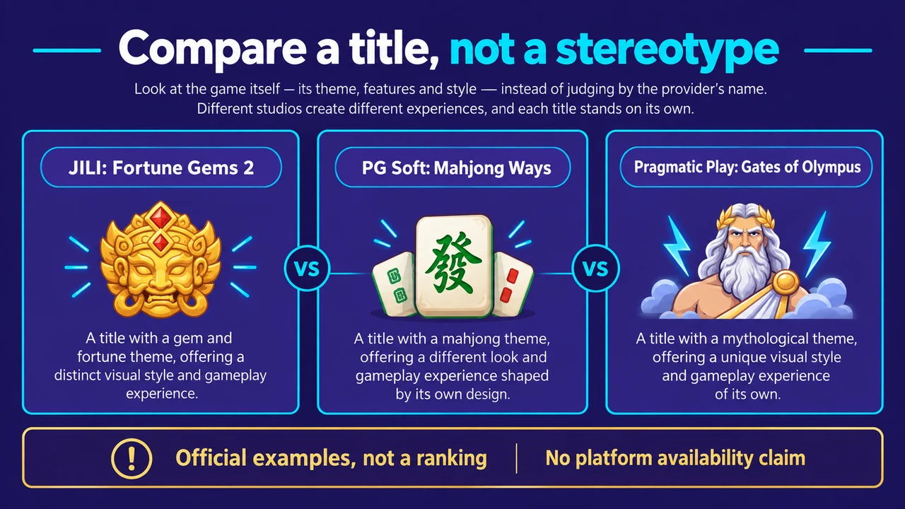 Compare a title, not a stereotype: JILI: Fortune Gems 2; PG Soft: Mahjong Ways; Pragmatic Play: Gates of Olympus; Official examples, not a ranking; No platform availability claim