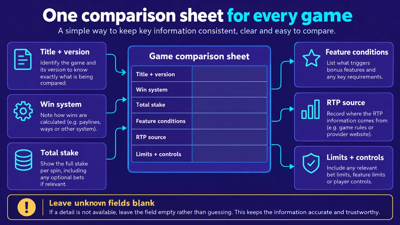 One comparison sheet for every game: Title + version; Win system; Total stake; Feature conditions; RTP source; Limits + controls; Leave unknown fields blank