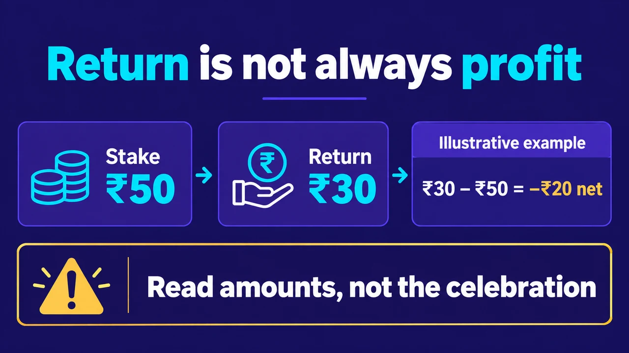 Return is not always profit: Illustrative example; Stake ₹50; Return ₹30; ₹30 − ₹50 = −₹20 net; Read amounts, not the celebration