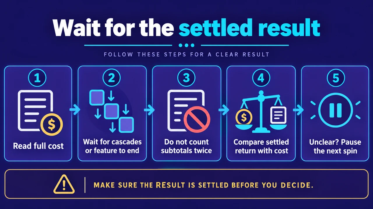 Wait for the settled result: Read full cost; Wait for cascades or feature to end; Do not count subtotals twice; Compare settled return with cost; Unclear? Pause the next spin
