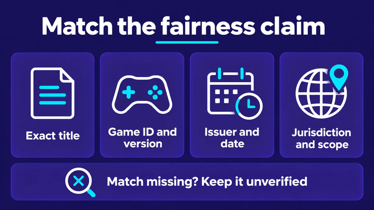 Match the fairness claim: Exact title; Game ID and version; Issuer and date; Jurisdiction and scope; Match missing? Keep it unverified