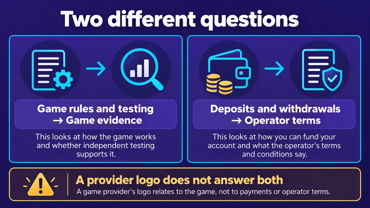 Two different questions: Game rules and testing → Game evidence; Deposits and withdrawals → Operator terms; A provider logo does not answer both
