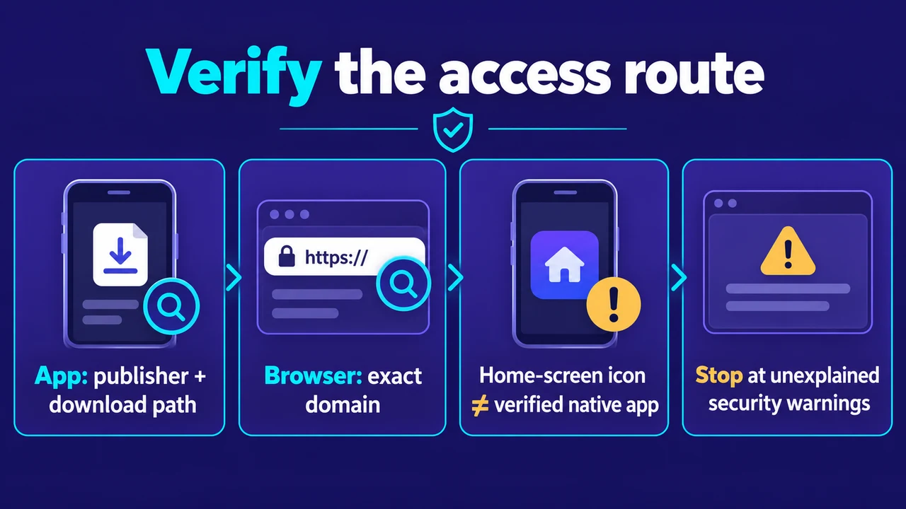 Verify the access route: App: publisher + download path; Browser: exact domain; Home-screen icon ≠ verified native app; Stop at unexplained security warnings