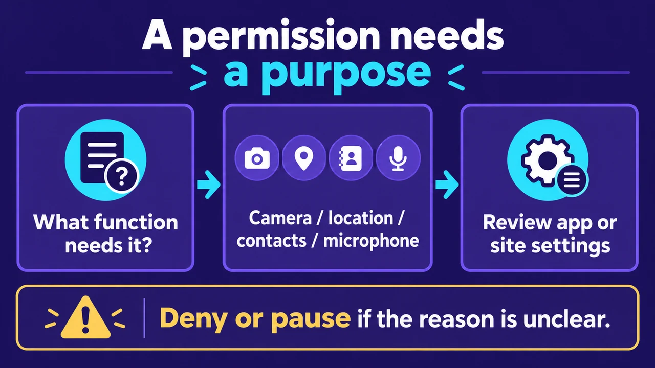 A permission needs a purpose: What function needs it?; Camera / location / contacts / microphone; Review app or site settings; Deny or pause if the reason is unclear
