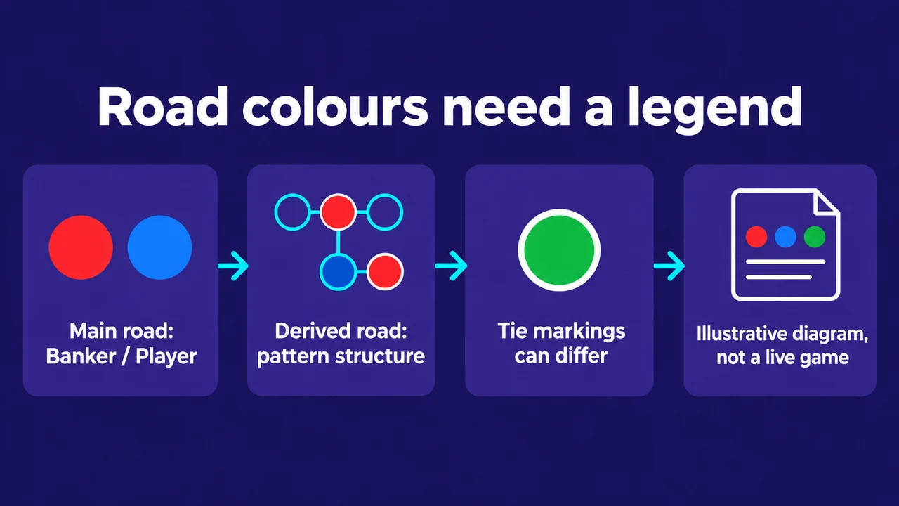 Road colours need a legend: Main road: Banker / Player; Derived road: pattern structure; Tie markings can differ; Illustrative diagram, not a live game