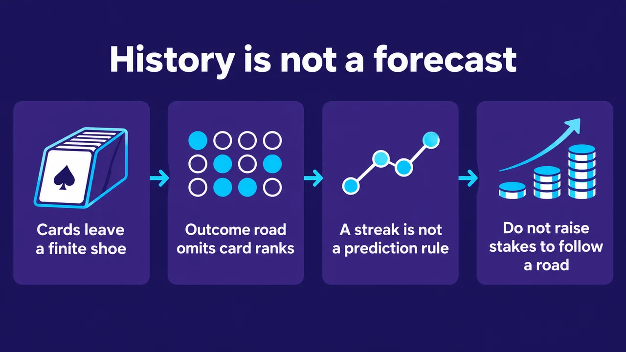 History is not a forecast: Cards leave a finite shoe; Outcome road omits card ranks; A streak is not a prediction rule; Do not raise stakes to follow a road