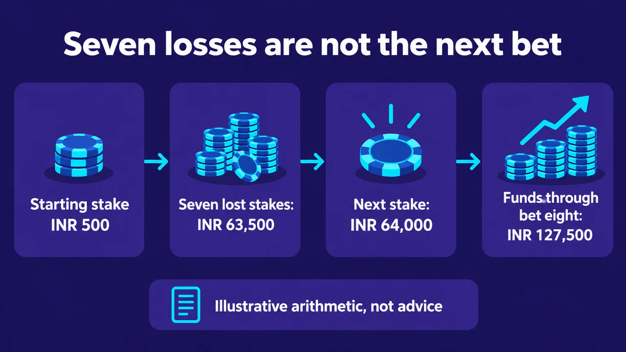 Seven losses are not the next bet: Starting stake ₹500; Seven lost stakes: ₹63,500; Next stake: ₹64,000; Total funds to reach bet eight: ₹127,500; Illustrative arithmetic, not advice