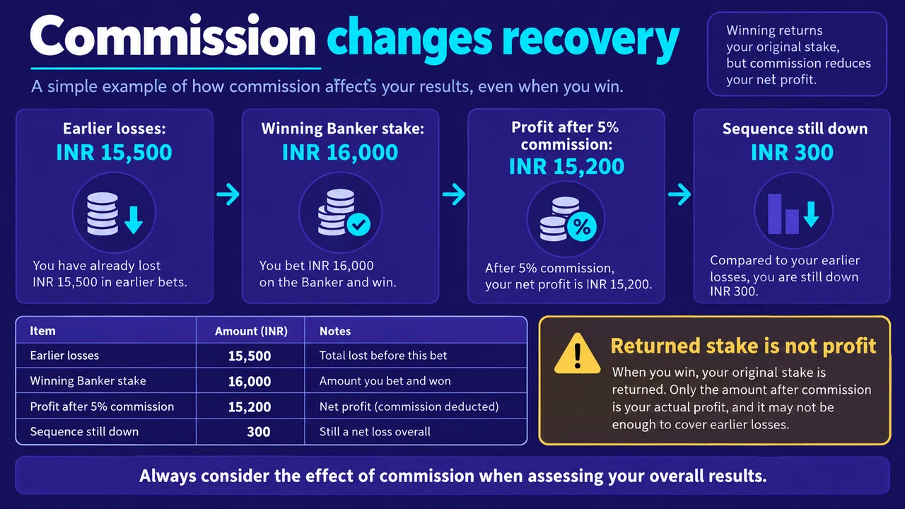 Commission changes recovery: Earlier losses: ₹15,500; Winning Banker stake: ₹16,000; Profit after 5% commission: ₹15,200; Sequence still down ₹300; Returned stake is not profit