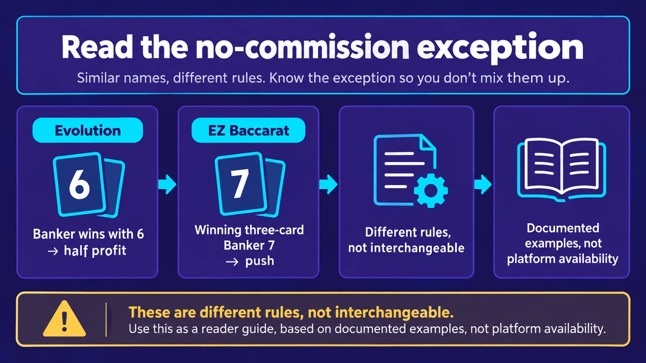 Read the no-commission exception: Evolution: Banker wins with 6 → half profit; EZ Baccarat: winning three-card Banker 7 → push; Different rules, not interchangeable; Documented examples, not platform availability
