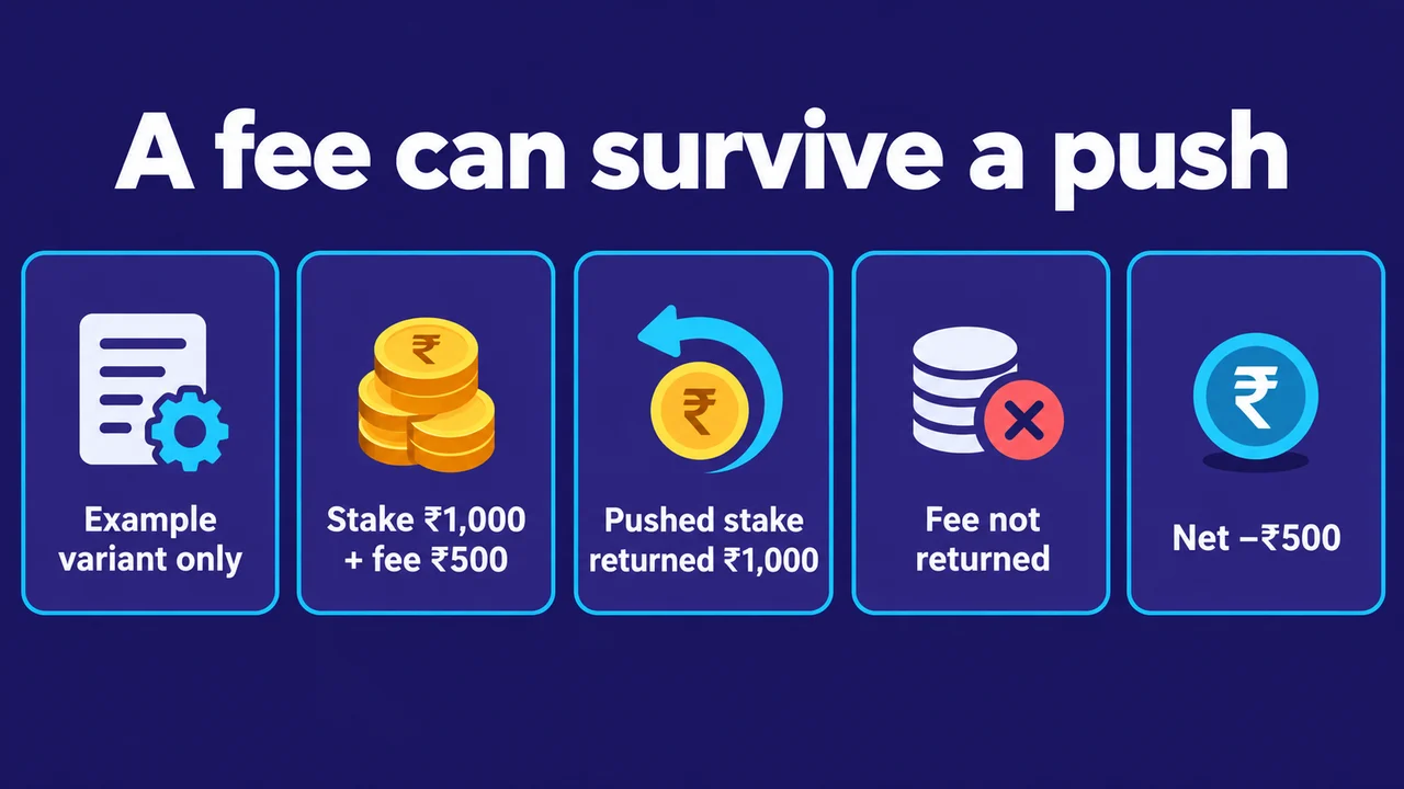 A fee can survive a push: Example variant only; Stake ₹1,000 + fee ₹500; Pushed stake returned ₹1,000; Fee not returned; Net −₹500