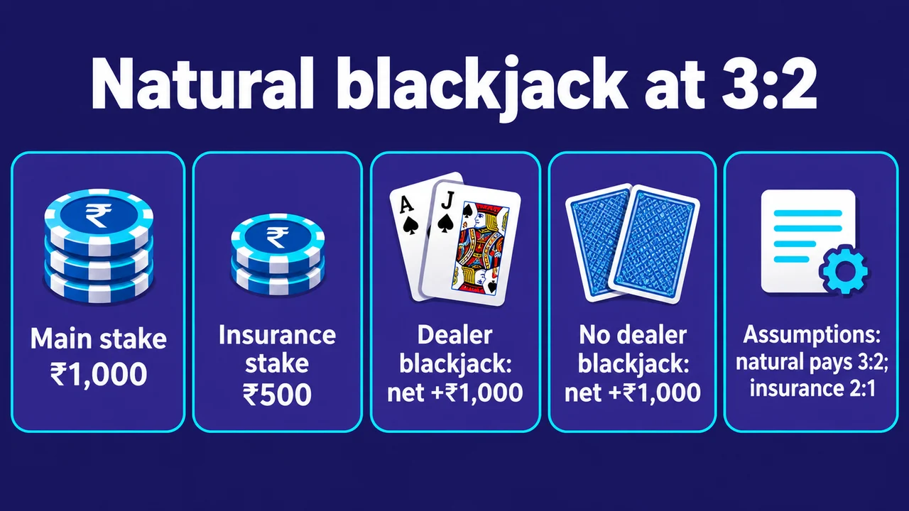 Natural blackjack at 3:2: Main stake ₹1,000; Insurance stake ₹500; Dealer blackjack: net +₹1,000; No dealer blackjack: net +₹1,000; Assumptions: natural pays 3:2; insurance 2:1