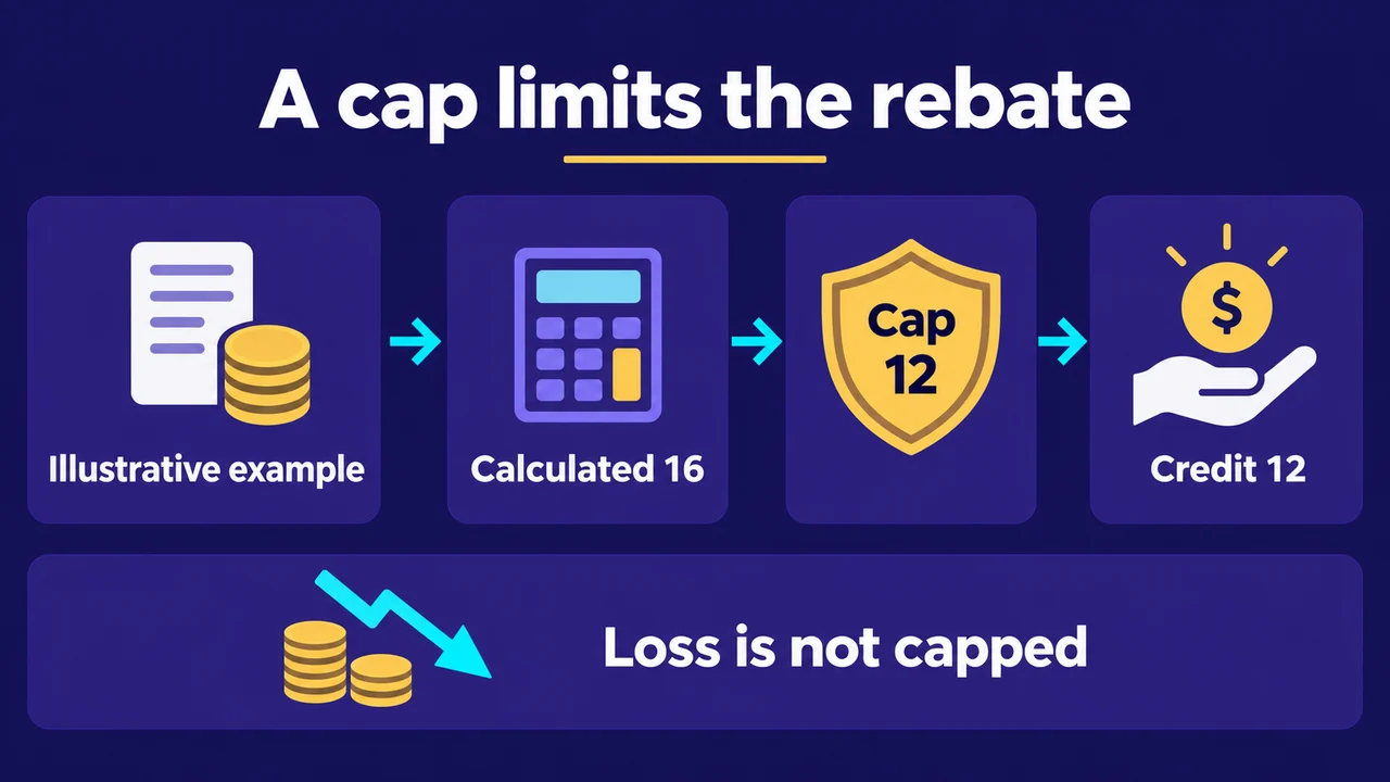 A cap limits the rebate: Illustrative example; Calculated 16; Cap 12; Credit 12; Loss is not capped