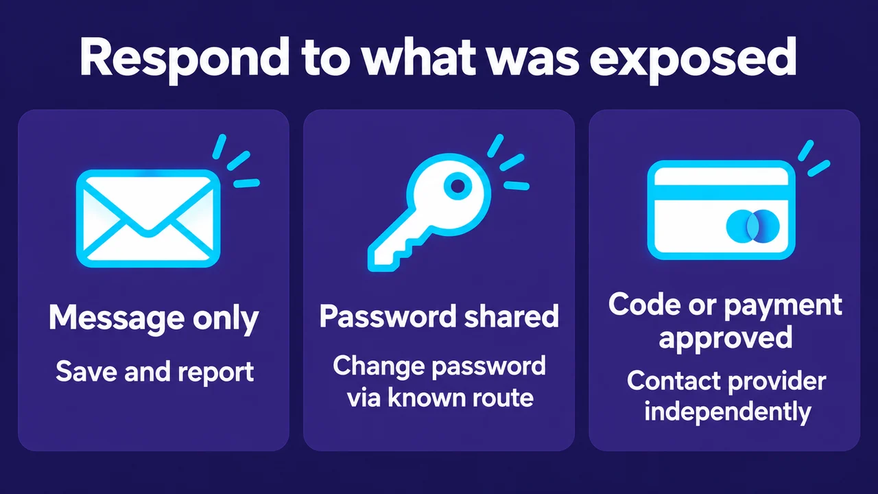 Respond to what was exposed: Message only; Password shared; Code or payment approved; Contact provider independently