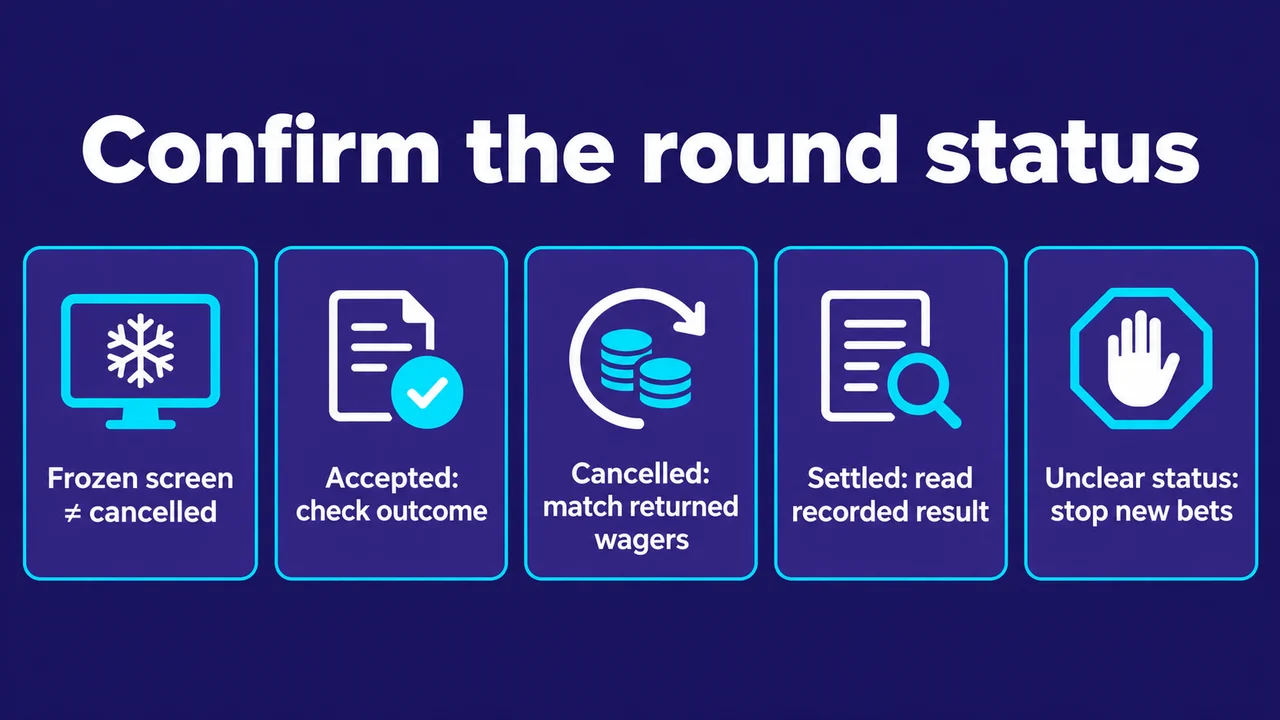 Confirm the round status: Frozen screen ≠ cancelled; Accepted: check outcome; Cancelled: match returned wagers; Settled: read recorded result; Unclear status: stop new bets