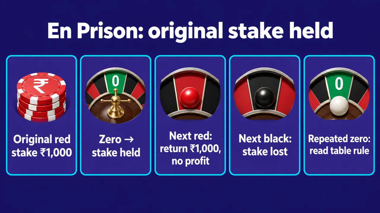 En Prison: original stake held: Original red stake ₹1,000; Zero → stake held; Next red: return ₹1,000, no profit; Next black: stake lost; Repeated zero: read table rule