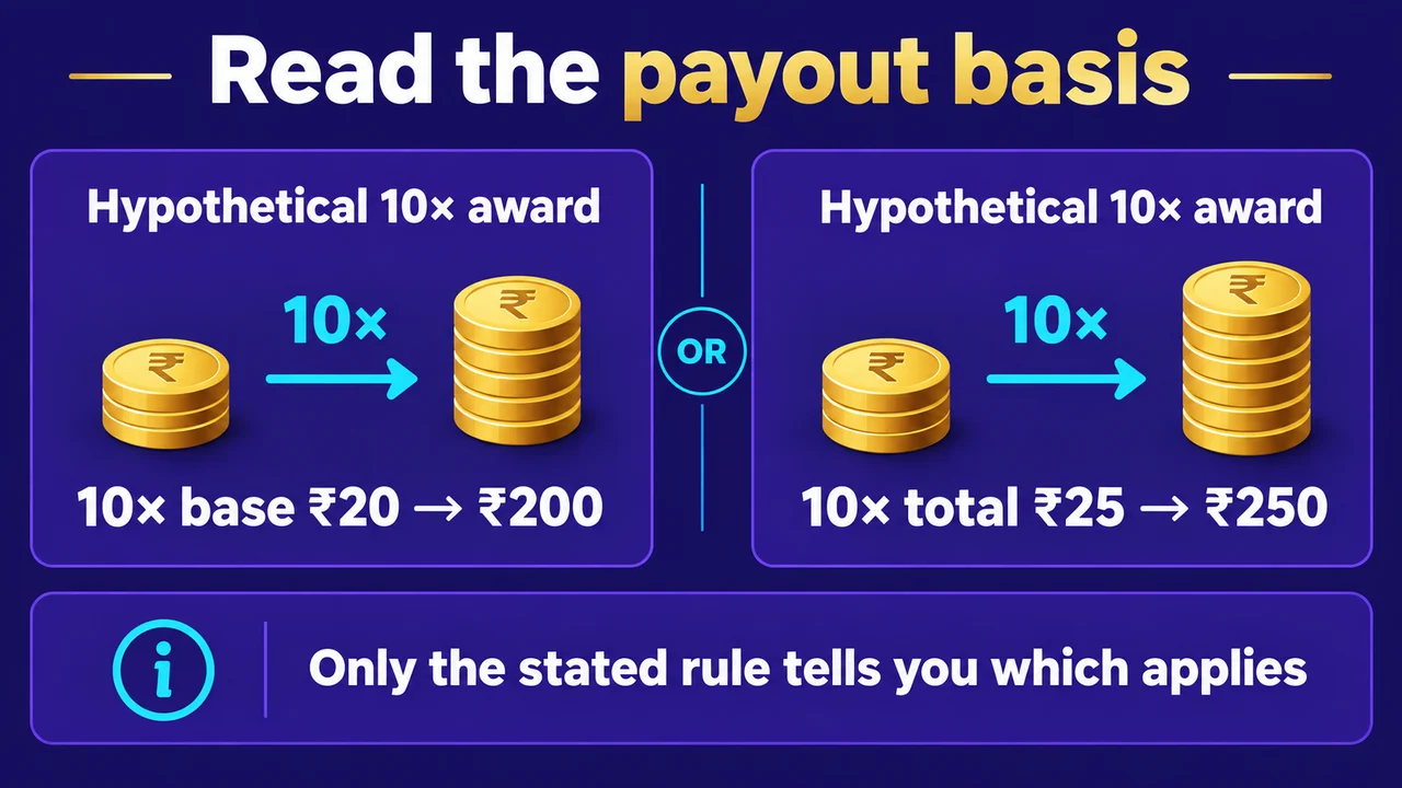 Read the payout basis: Hypothetical 10× award; 10× base ₹20 → ₹200; 10× total ₹25 → ₹250; Only the stated rule tells you which applies