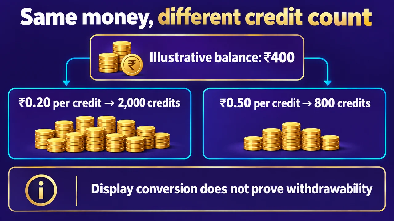 Same money, different credit count: Illustrative balance: ₹400; ₹0.20 per credit → 2,000 credits; ₹0.50 per credit → 800 credits; Display conversion does not prove withdrawability